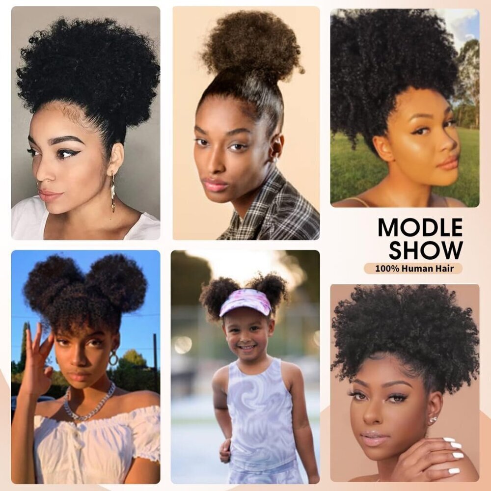 Afro Puff Ponytail for Black Women - Natural Black 6 Inch 100% Human Hair Puff H - Picture 6 of 6